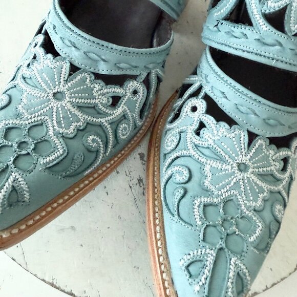 Blue and Brown Ankle Boots with Western Design - Picture 7 of 13